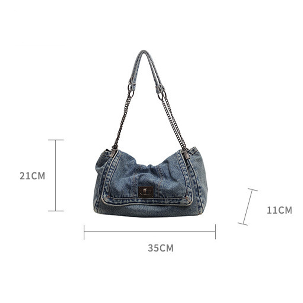 Versatile Denim Tote For Women Chic Crossbody Bag With Chain Strap, Spacious Casual And Work Purse - Image 5