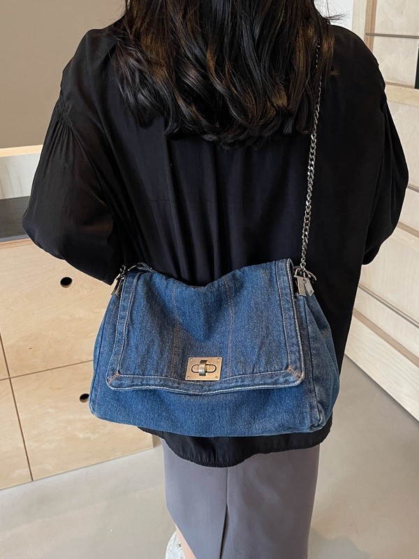 Versatile Denim Tote For Women Chic Crossbody Bag With Chain Strap, Spacious Casual And Work Purse - Image 3
