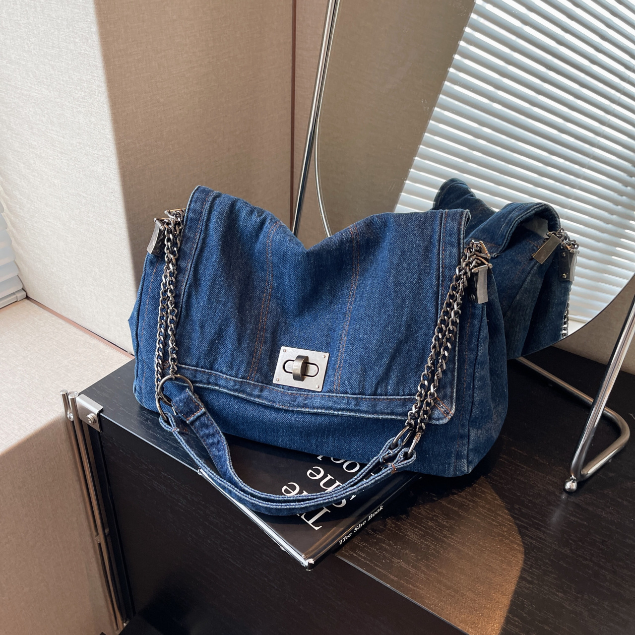 Versatile Denim Tote For Women Chic Crossbody Bag With Chain Strap, Spacious Casual And Work Purse - Image 7