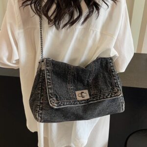 Versatile Denim Tote For Women  Chic Crossbody Bag With Chain Strap, Spacious Casual And Work Purse