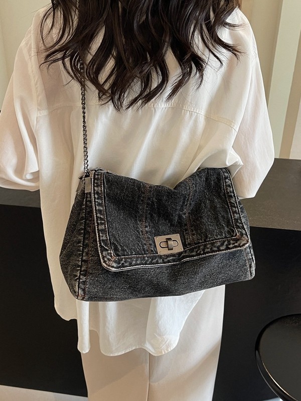 Versatile Denim Tote For Women Chic Crossbody Bag With Chain Strap, Spacious Casual And Work Purse