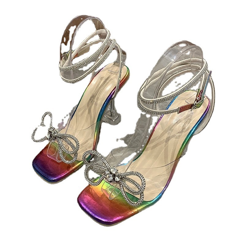 Crystal Clear Wine Glass And Rhinestone Bow Sandals For Women - Image 4